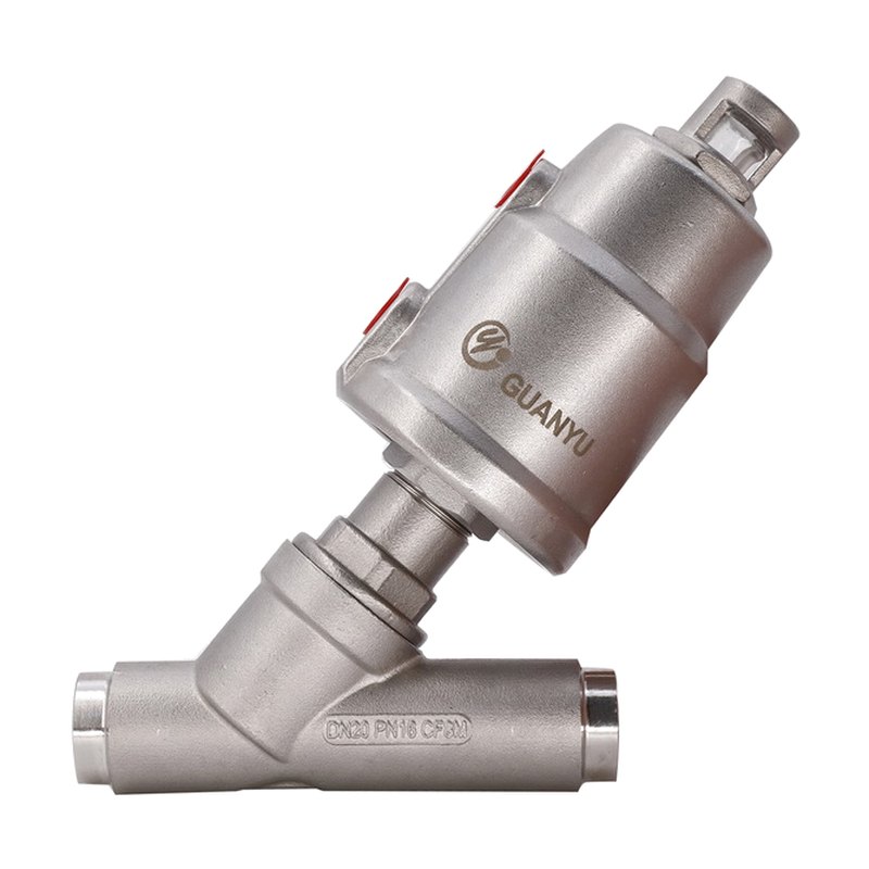 Angle seat valve with weld ends, body markings visible
