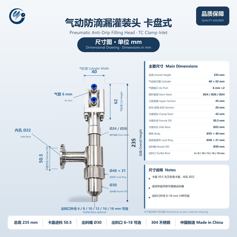 Dimension drawing with inlet and nozzle sizes